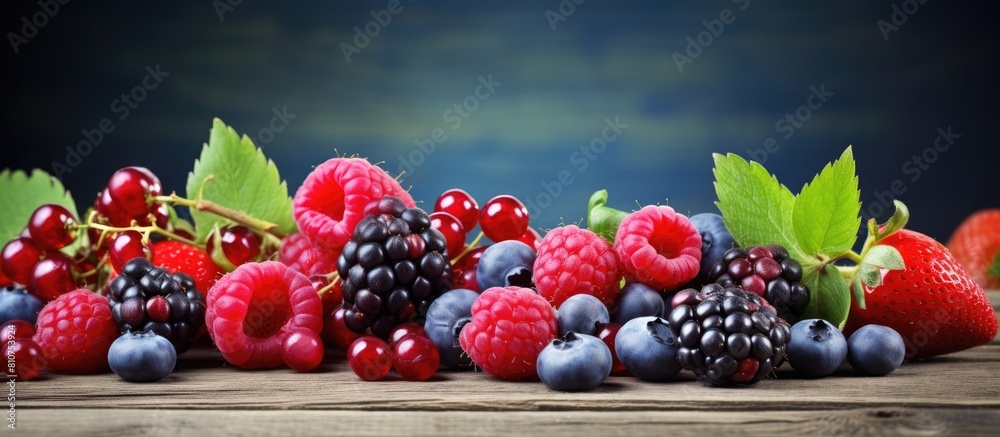Poster A rustic wooden background serves as the backdrop for a charming arrangement of fresh berries including blueberries and raspberries creating a visually appealing copy space image