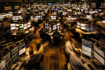 A bustling stock market trading floor filled with numerous computer monitors, capturing the fast-paced action of traders at work