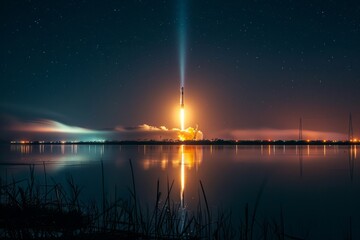 A SpaceX rocket is seen in the night sky, ready for launch, silhouetted against the dark backdrop