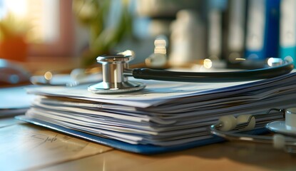 Obraz premium close up of medical documents and stethoscope on desk, blurred background with office space in the background, stock photo style photography,