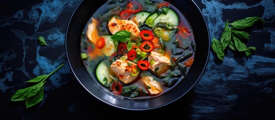 A close up copy space image of an Asian chicken and vegetable soup garnished with zucchini red pepper and carrot served in a blue bowl on a black marble background - Powered by Adobe