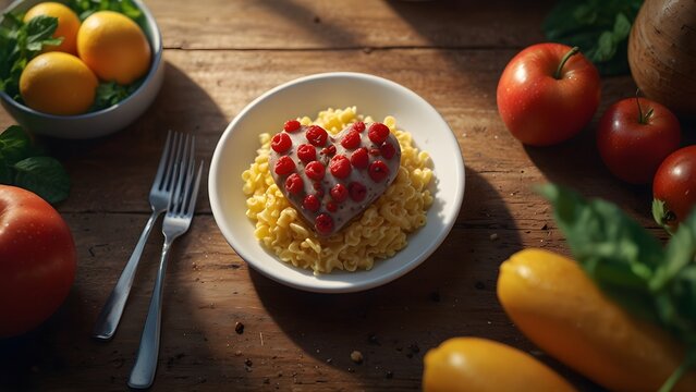 World food safety day with a vibrant outdoor feast, heart shaped dish recipe photoshoot for an advertisement, a sunny background filled with colorful dishes