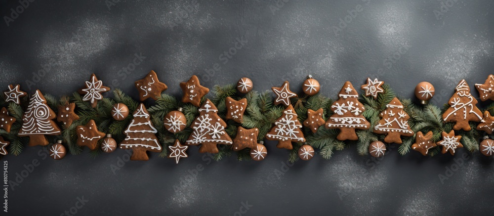 Poster a festive christmas gingerbread tree with a gray background seen from above the image leaves room fo