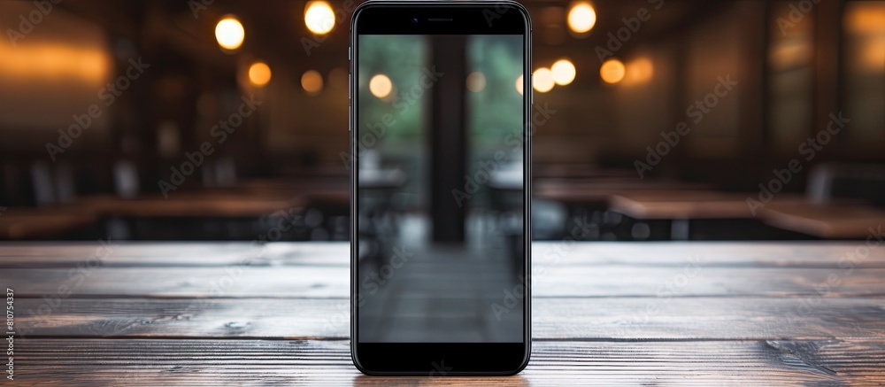 Aufkleber a black smartphone sits on a wooden table with ample copy space for images