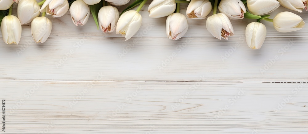 Poster A top down view of a white wooden table adorned with tulip bulbs in autumn creates an enchanting background perfect for a copy space image