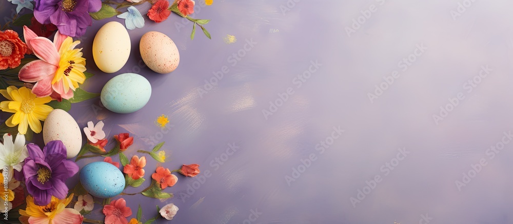 Leinwandbilder a top down view of a decorative easter background with pastel hand painted eggs spring flowers and e