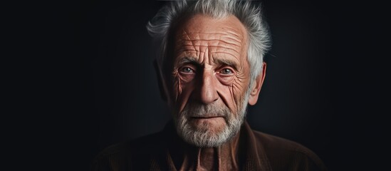 A graceful elderly man with a serene expression set against a timeless backdrop in the copy space image