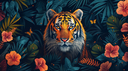 illustration of The tiger is the largest cat species in the world in the center, banner jungle 2d art.