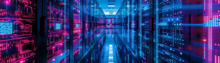 Fototapeta premium A futuristic data center with rows of servers and blinking lights. The servers are bathed in a blue and purple light.