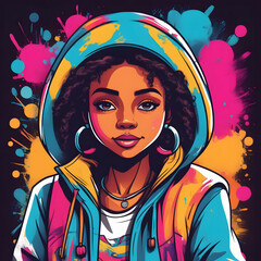 girl, hip hop street art, black paintings expression, retro 80s, old-fashioned photography, colorful, retro vintage