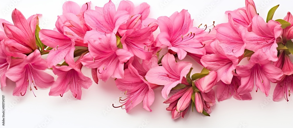 Poster Ideal for backgrounds and textures this close up image captures isolated pink azalea flowers against a white backdrop providing ample copy space