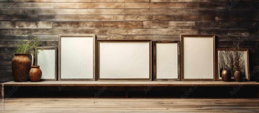 Aufkleber Decorative photo frames arranged on a wooden table adding an aesthetic touch to the surrounding area The composition provides ample copy space for images