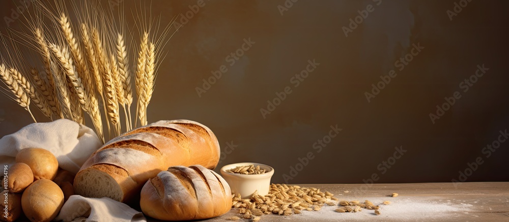 Poster A beautiful composition featuring bread flour and spikelets arranged in a still life with ample copy space image