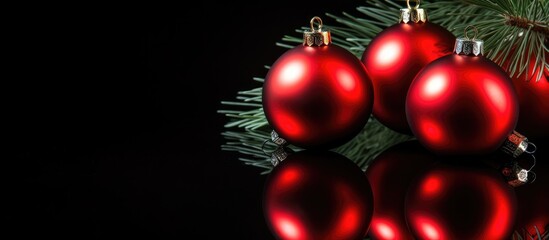 A close up copy space image of a red Christmas tree decoration with red balls and ornaments surrounded by a green fir tree on a black background with a reflection