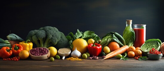 A copy space image showcases a variety of nutritious vegetarian foods available on the kitchen table
