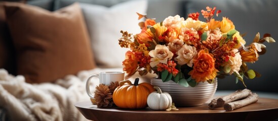 A cozy living room interior with a wooden coffee table showcasing an autumn bouquet of bright artificial flowers in a golden pumpkin vase This hygge home fall decor enhances the cozy atmosphere Copy