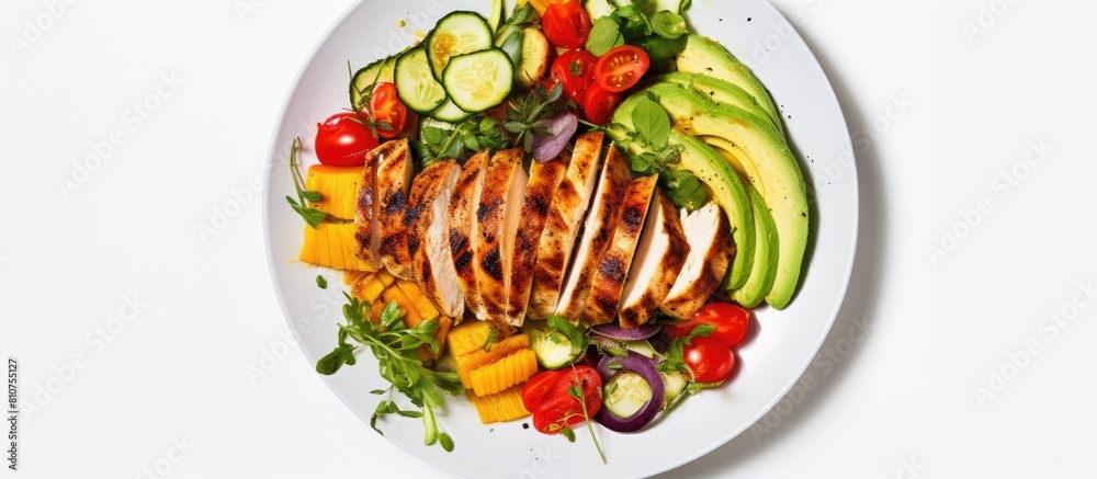 Poster A healthy lunch featuring grilled chicken fillet and vegetable salad topped with avocado photographed from above with a white background The image provides empty space for text or other additions
