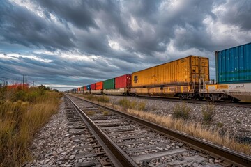 A commercial freight train is seen traveling down train tracks under a cloudy sky