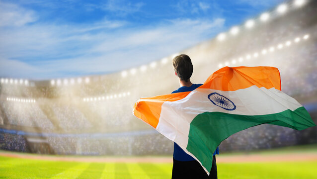 India cricket team supporter on stadium.