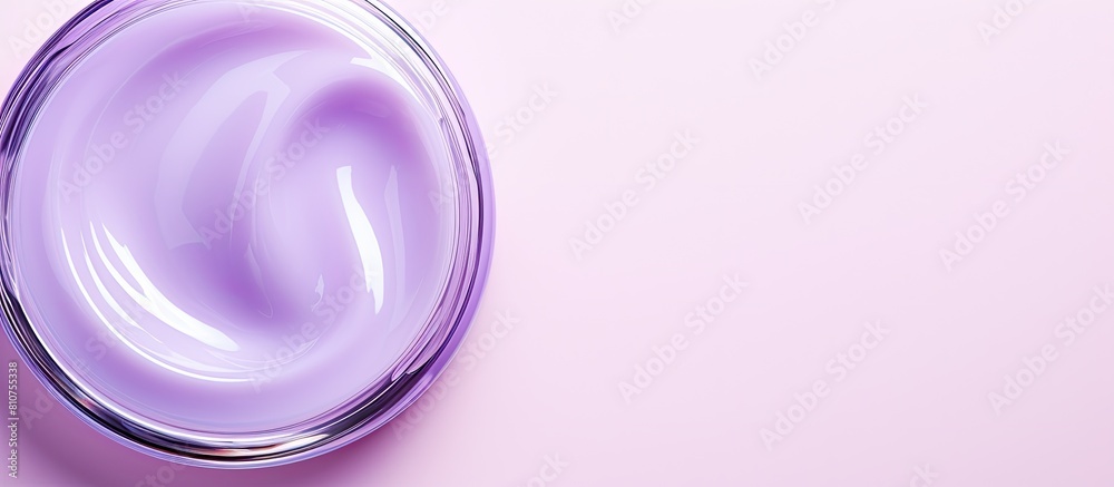 Poster top view of a light violet background with a clear cosmetic gel providing ample space for text