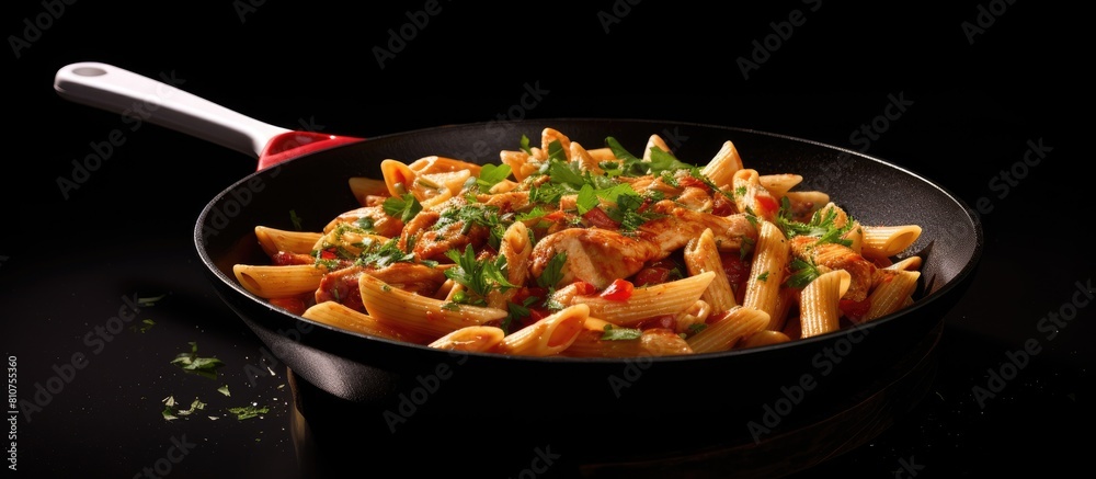 Poster italian penne pasta with chicken cooked in a flavorful tomato sauce garnished with parsley showcased