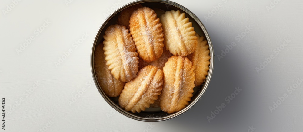 Poster a top down photograph of a tin can filled with danish butter cookies captured on a light textured ba
