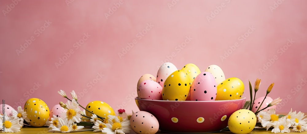 Poster a festive arrangement of colorful easter eggs with dots is displayed on a yellow plate alongside bun