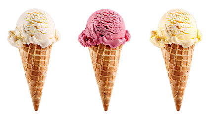Three ice cream cones in a row. The left cone has vanilla ice cream, the middle cone has strawberry ice cream, and the right cone has vanilla ice cream.