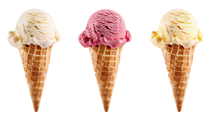 Three ice cream cones in a row. The left cone has vanilla ice cream, the middle cone has strawberry ice cream, and the right cone has vanilla ice cream.