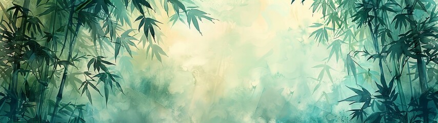 The watercolor rendition of Bamboo Forest wallpaper showcases towering bamboo stalks, cultivating a serene ambiance. Rustling leaves and swaying culms reflect nature's balance and harmony. - obrazy, fototapety, plakaty