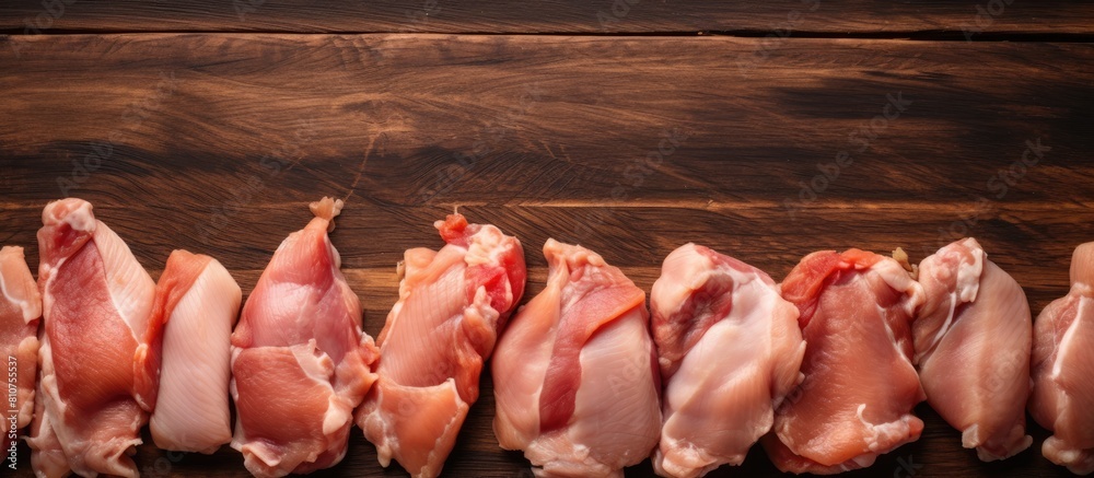 Poster The butchered chicken pieces rest on a wooden surface as a copy space image with a plain gray backdrop captured from above