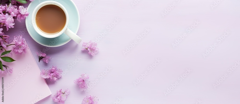 Poster top view of a beautifully arranged workspace desk with a coffee cup and a notebook this feminine and