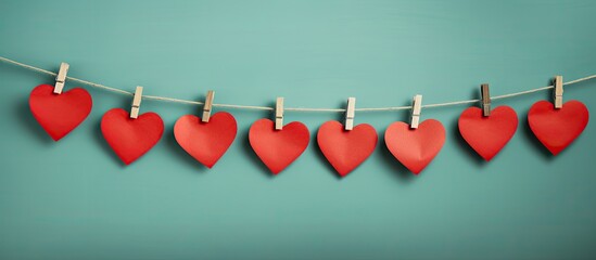A copy space image showcasing vintage themed red paper envelopes and a red heart suspended on clothespins from a rope against a mint green wall