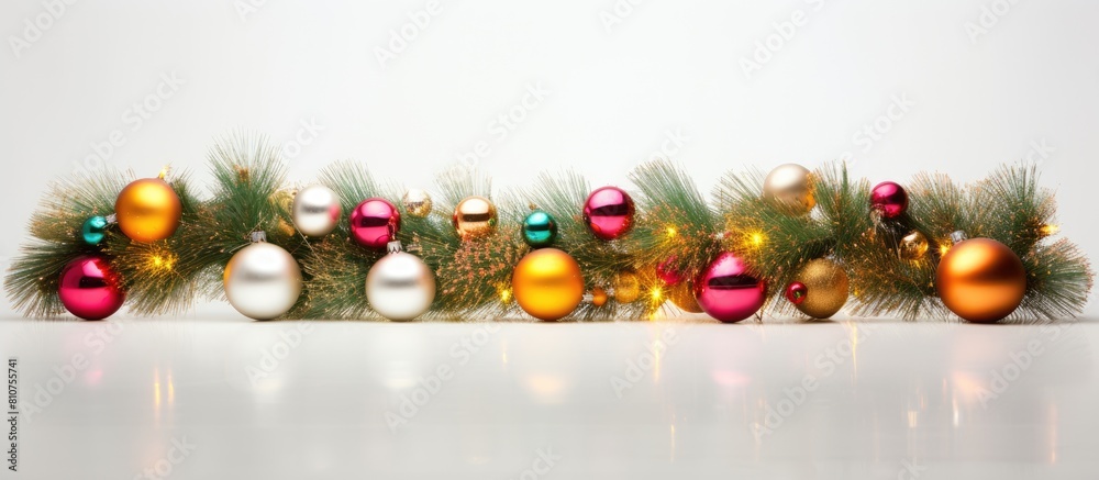Aufkleber A festive Christmas decoration featuring a branch of a fir tree adorned with a garland of light balls The vibrant display is set against a clean white background providing an ideal copy space image