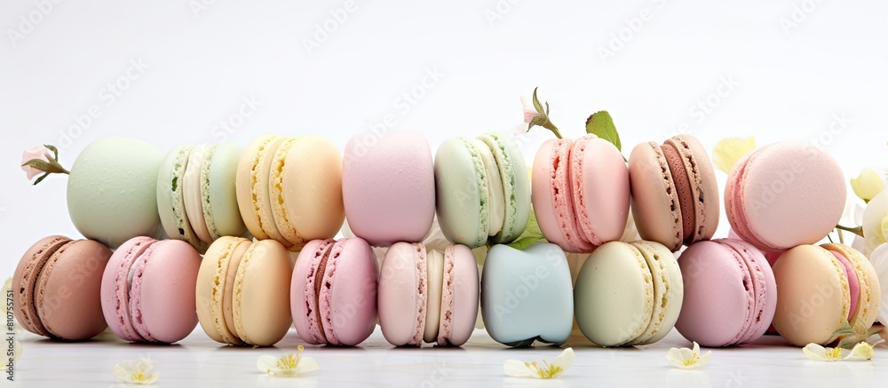 Aufkleber A colorful array of pastel almond cookies known as macarons is placed on a light background with ample space for additional images or text
