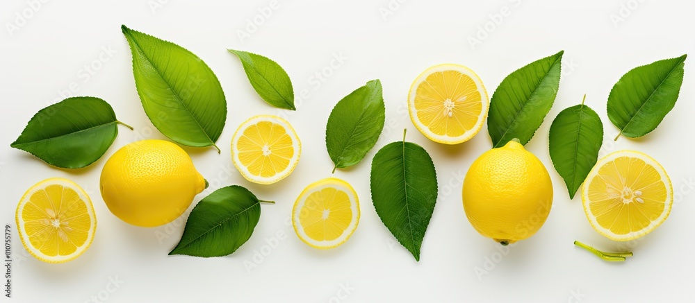 Poster A lemon complete with leaves and slices is shown isolated on a white background allowing for copy space to add your own text The photograph is taken from a top down perspective known as a flat lay