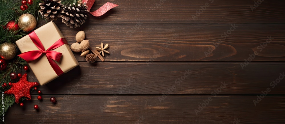 Poster top view image of a christmas greeting card featuring a beautifully arranged present box gifts fir t