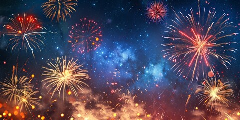 Naklejka premium Bright fireworks on night sky