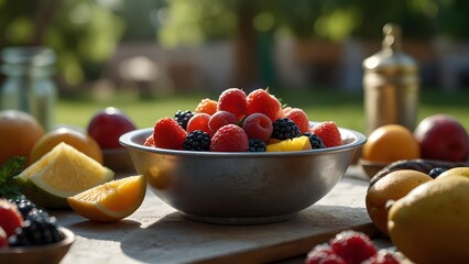 World food safety day with a vibrant outdoor feast, mixed fruits dish recipe on the table...