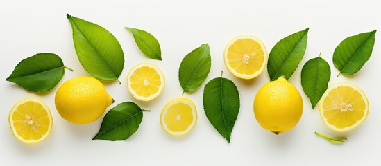 A lemon complete with leaves and slices is shown isolated on a white background allowing for copy space to add your own text The photograph is taken from a top down perspective known as a flat lay