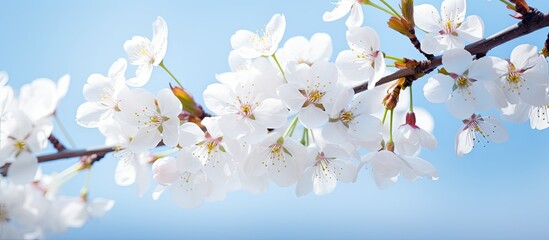 Copy space image of cherry blossoms blooming in a spring garden The close up captures the beauty of white flowers on a cherry tree against a blue sky background creating a serene spring atmosphere