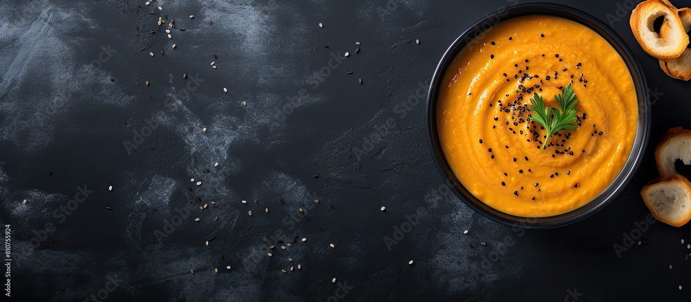 Aufkleber A copy space image of butternut squash soup with black pepper displayed from an overhead perspective on a smooth grey slate surface