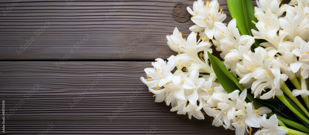 Poster White hyacinths in a bouquet placed on a weathered wood background create a visually captivating copy space image