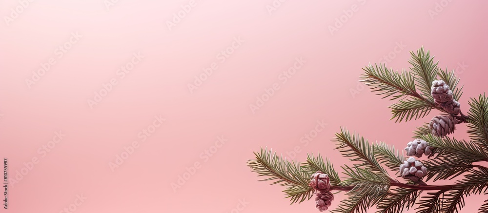 Poster a festive composition featuring a decorated fir branch on a pink background providing a copy space i