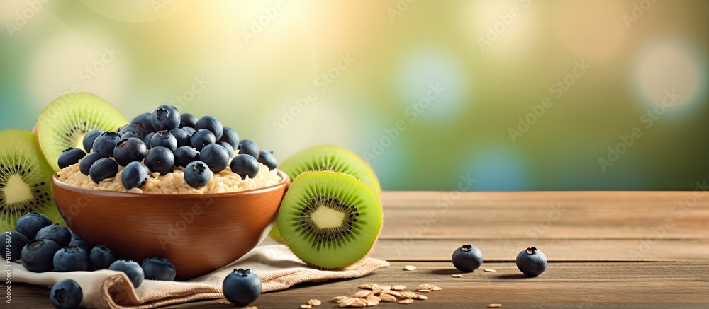 Poster a nutritious breakfast of oatmeal with blueberries and kiwi is beautifully presented on a wooden tab