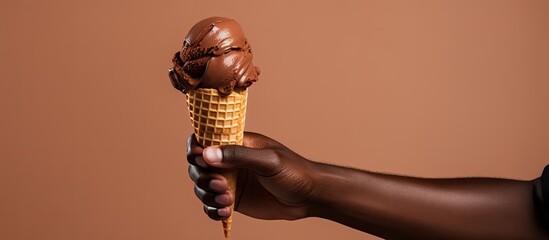 A person s hand holding a chocolate ice cream cone with a copy space image
