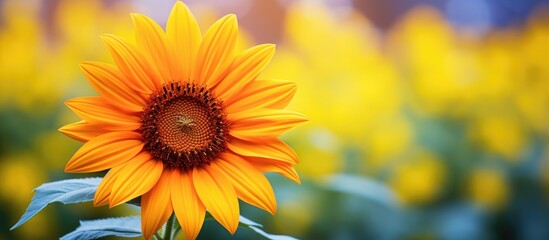 Obraz premium A sunflower vibrant with colors blossoms gracefully in a serene garden with ample copy space for beautiful images