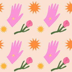 Estampado dibujado a mano de manos y flores