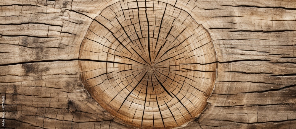 Poster aged tree with cracks displaying growth rings on a wooden cross section abstract backdrop with a woo