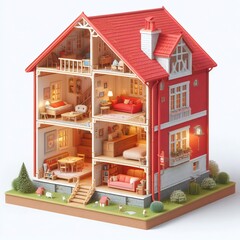 3d render, Cute red small house cross section, generative AI 